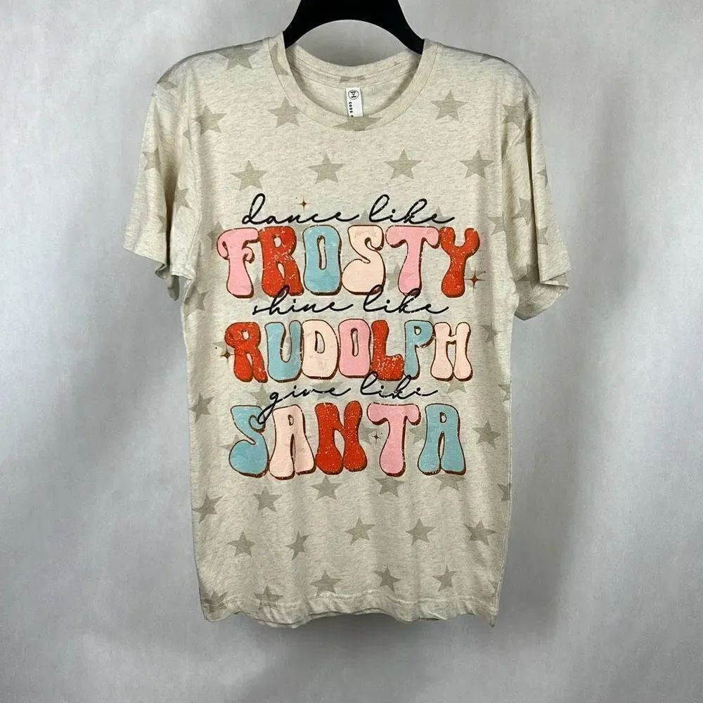NEW Christmas Tshirt Womens Sz Small Short Sleeve Stars Frosty Rudolph Santa